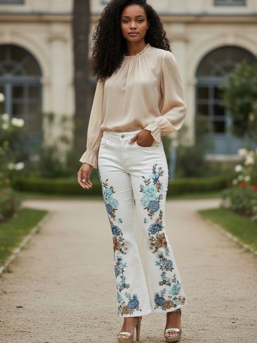 Embroidered White Flare Jeans with Blue Floral Detail